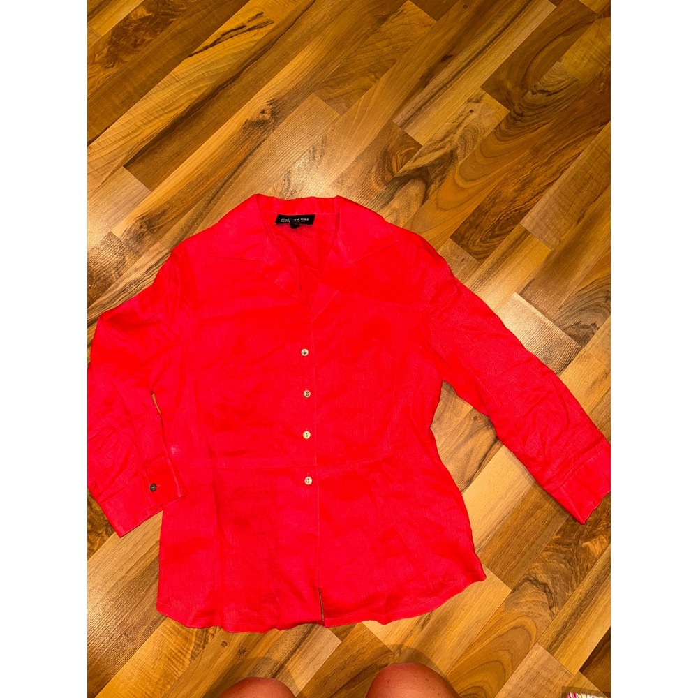 Jones New York Collection Petite Red Linen Button Down top costal summer‎ light